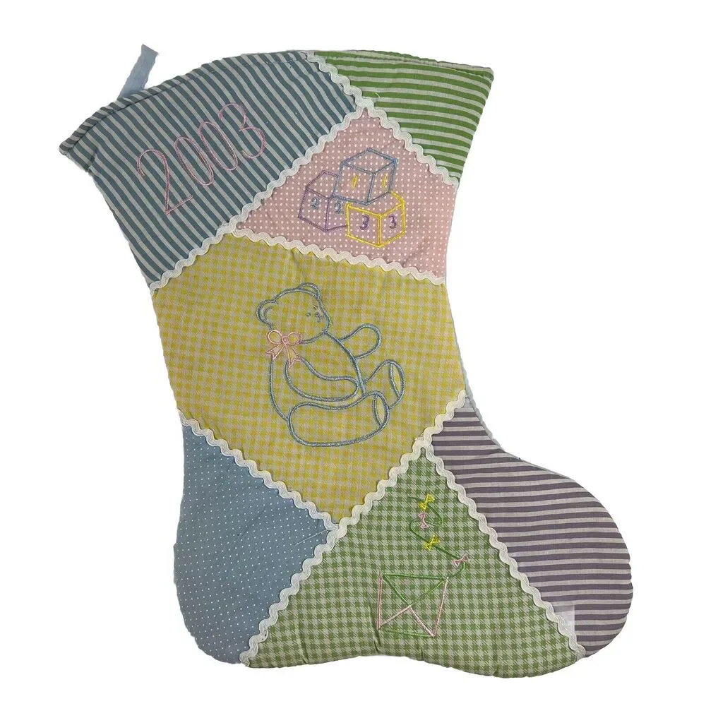 Vintage 2003 Pastel Stocking Embroidered Teddy Bear Blocks Patchwork Baby